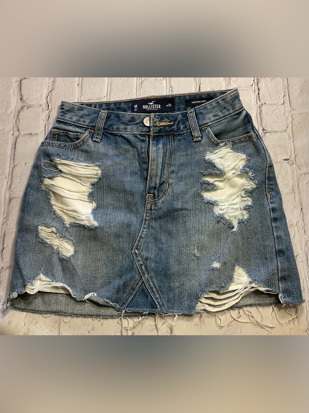 Hollister Distressed Light Blue Denim Mini Skirt